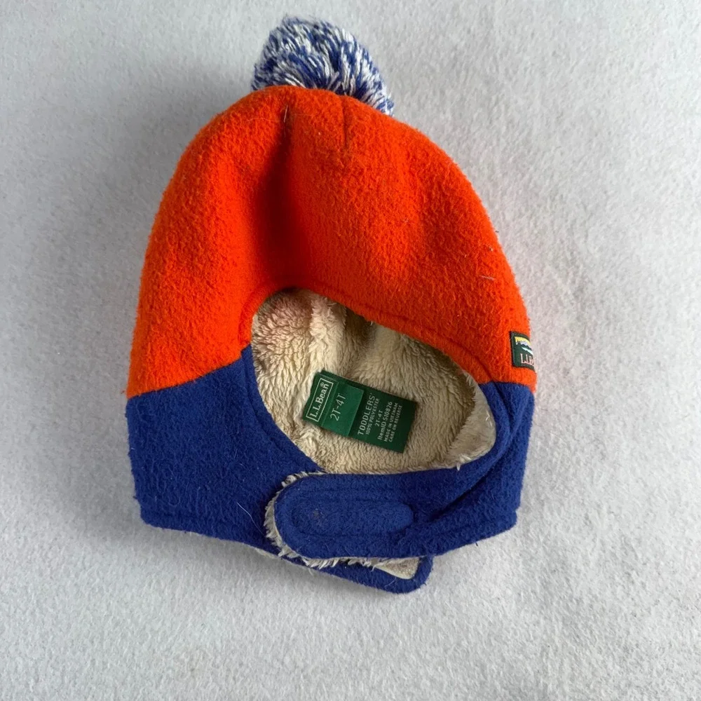 LL Bean Toddler 2T-4T Fleece Trapper Hat Orange Blue Pom Pom Earflap